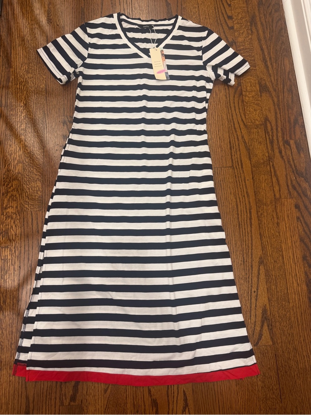 Striped Black & White Maxi Dress with Red Hem